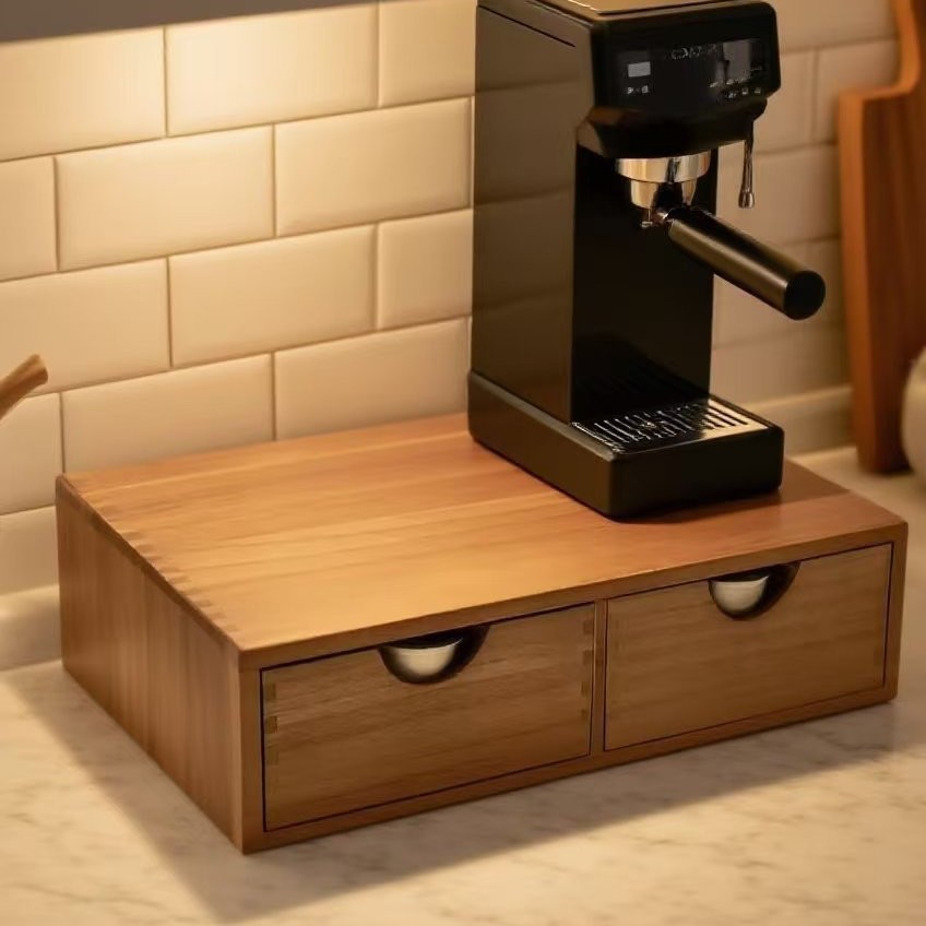 Coffee Tea Drawer Organizer - Minimalistische houten koffiemachine-onderstel met dubbele lade