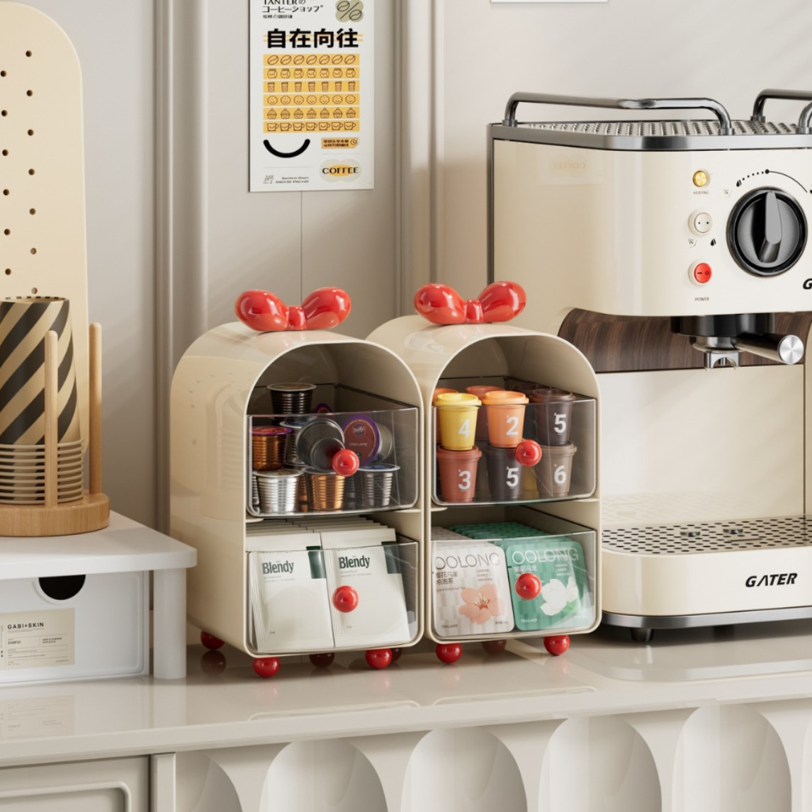 Coffee Tea Drawer Organizer - Crèmekleurige koffiecapsule-organizer, 2-laags opbergdoos voor theezakjes,
